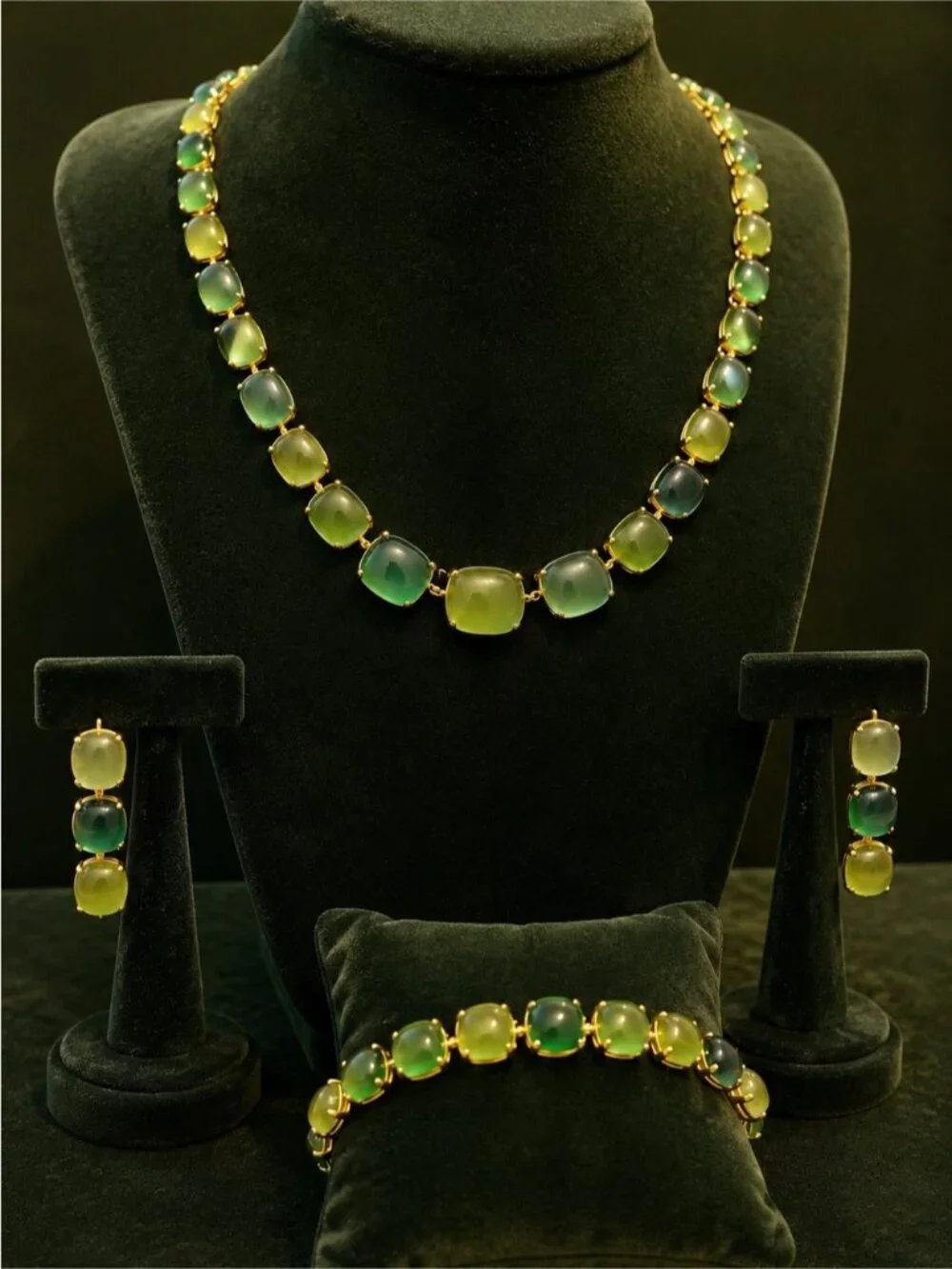 Green and Yellow Acrylic Resin Square Chain Necklace Bracelet Earrings Set